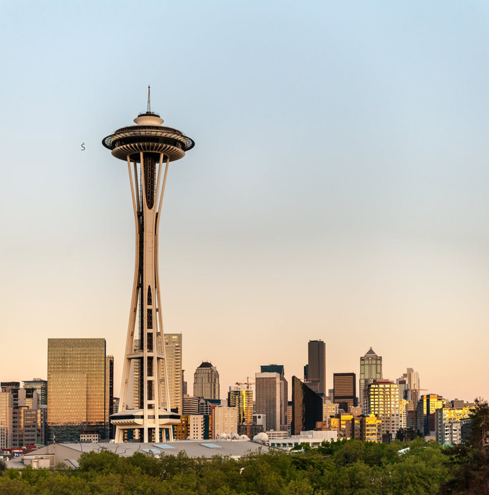 The Space Needle, with the Seattle skyline behind it.
